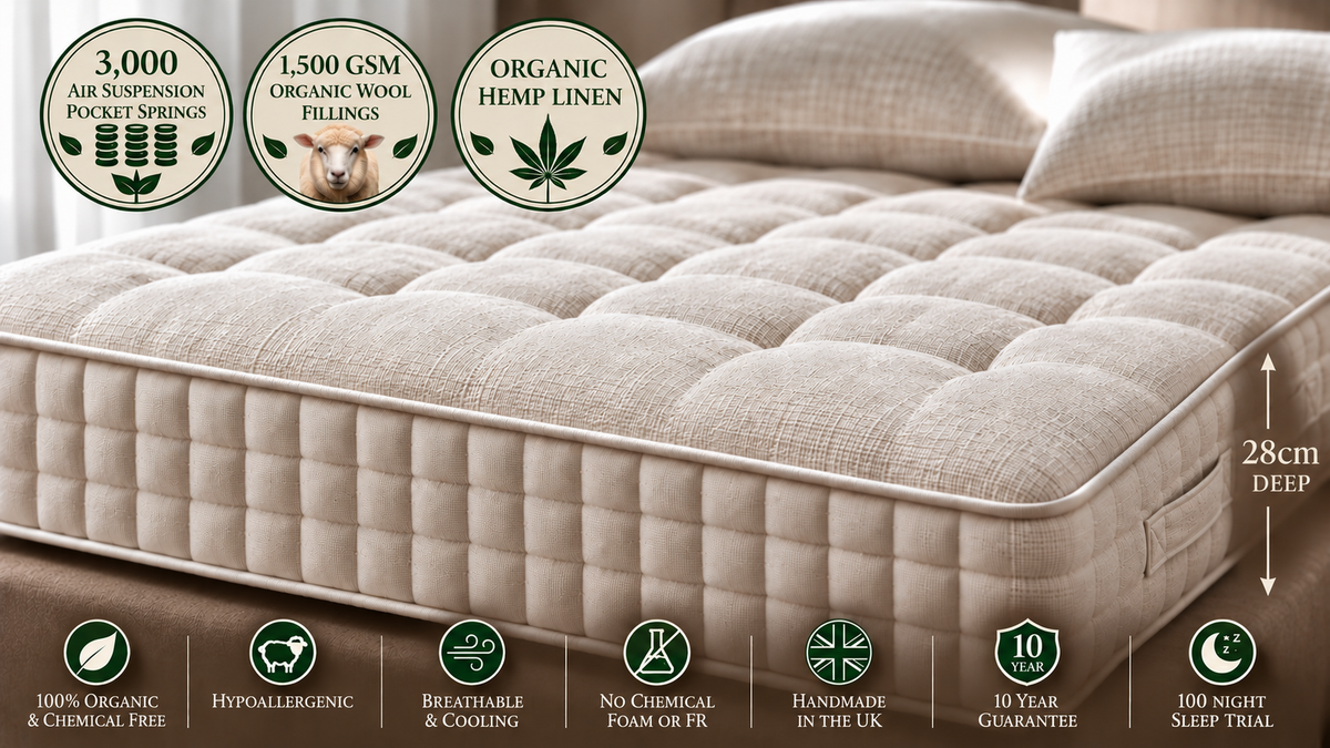 100% Organic Hemp Linen & Organic Wool 3000 Air Suspension Pocket Springs