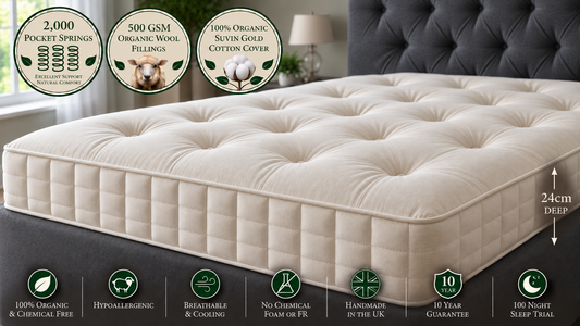 100% Organic Wool & Suvin Gold Organic Cotton 2000 Pocket Spring Hand Tufted Mattress