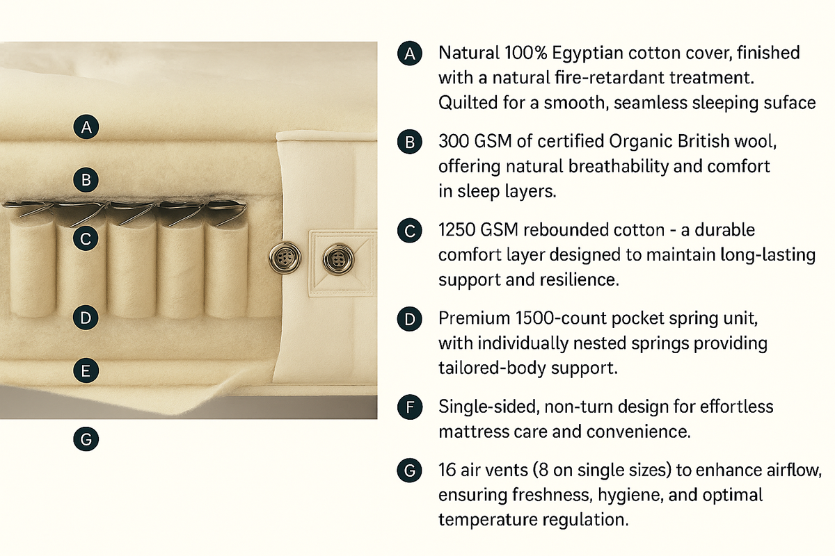 100% Organic Wool & Cotton Handtufted 1500 Pocket Spring Mattress